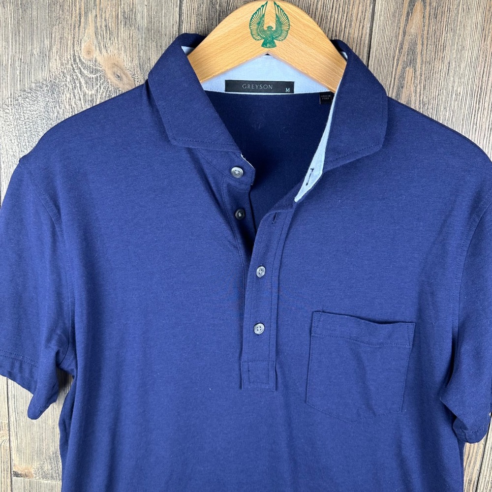 Greyson Mens Navy Blue Short Sleeve Pocket Polo Shirt Size Medium Wolf Logo Pima